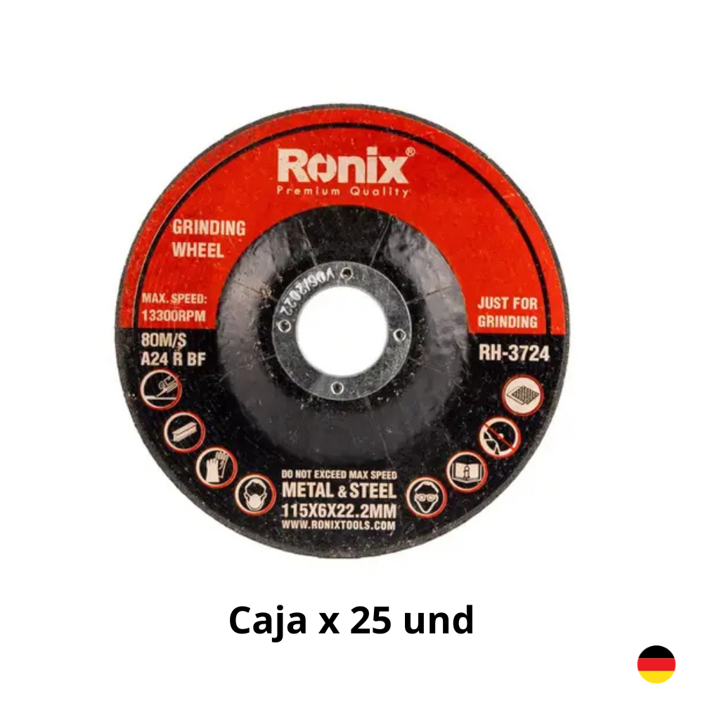 Disco De Desbaste Metal 4.5 115x6x22.2mm Caja 25 Unidades RONIX RH-3724 Industrial Disco De Desbaste Metal 4.5" 115x6x22.2mm Caja 25 Unidades RONIX RH-3724 Industrial - Imagen 1
