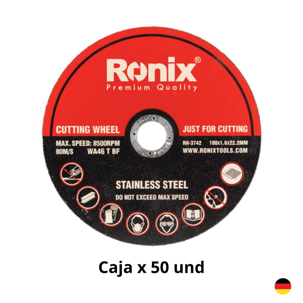 Disco de Corte INOX 7 180x1.6x22.2mm Caja 50 Unidades RONIX RH-3742 Industrial Disco de Corte INOX 7" 180x1.6x22.2mm Caja 50 Unidades RONIX RH-3742 Industrial - Imagen 1